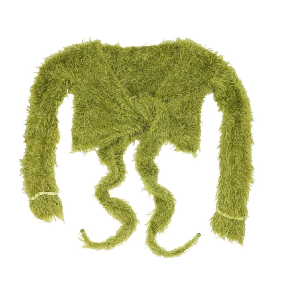 Green Fuzzy Shaggy‎ Crop Top Long Sleeve Wrap Tie Y2K Festival Rave Small
